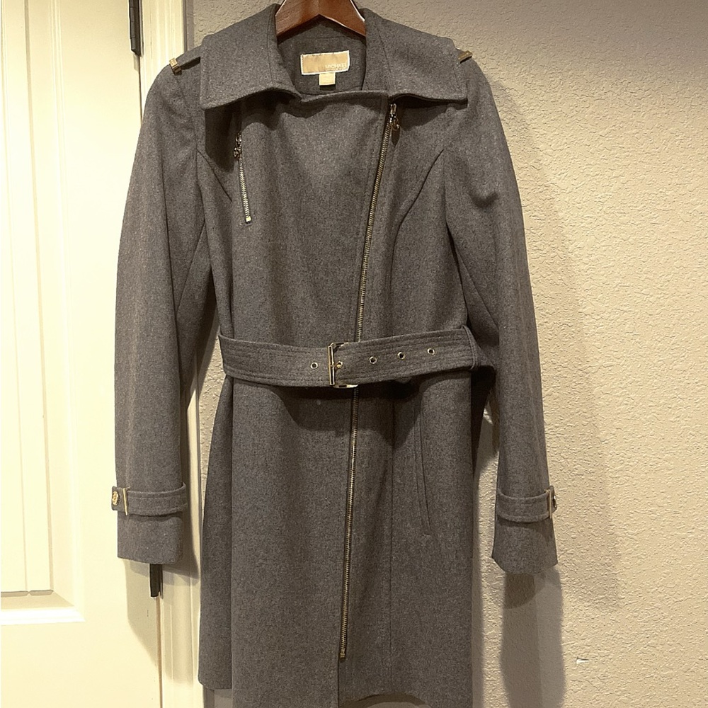 Michael Kors Women’s Gray Gold Coat Wool Asymmetrical Jacket belted